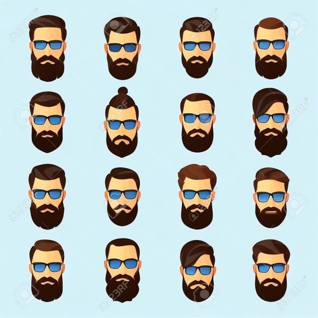 Set of vector bearded men faces hipsters with different haircuts