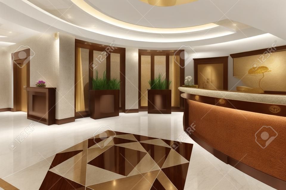 Luxury hotel lobby with reception desk