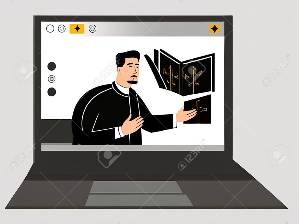 Pasteur avec une sainte bible donnant un service religieux en ligne, un sermon en ligne, une diffusion vidéo en direct sur un ordinateur portable. Sermons et technologie moderne, regardez le culte en ligne, le prêtre prie en ligne. Concept d'église moderne