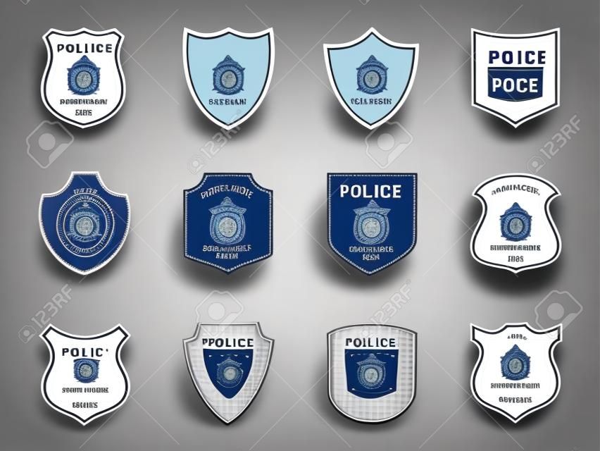 Police badge label. Military logo, shield emblem. Security badge silhouettes. Flat football patch. Set of armor safety. Soccer badge isolated on white background. Police emblem or stamp. Design vector