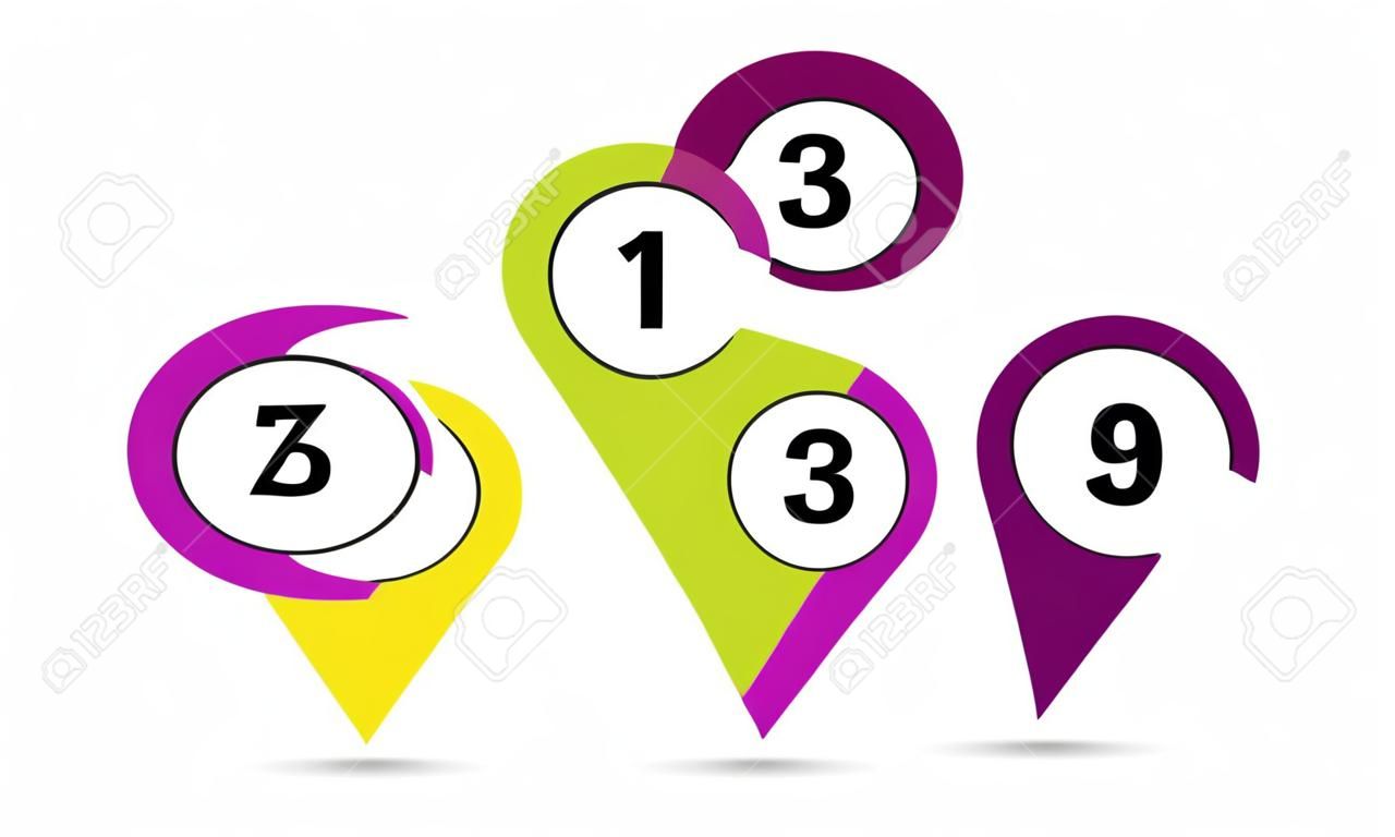 Map marker with number. Pointer icon for gps on road. Color position pin sign for direction in travel. Green, orange, red button arrow for communication. Set of route pointer on map. Isolated vector