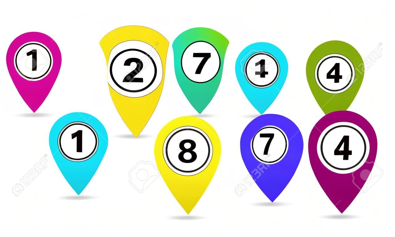 Map marker with number. Pointer icon for gps on road. Color position pin sign for direction in travel. Green, orange, red button arrow for communication. Set of route pointer on map. Isolated vector