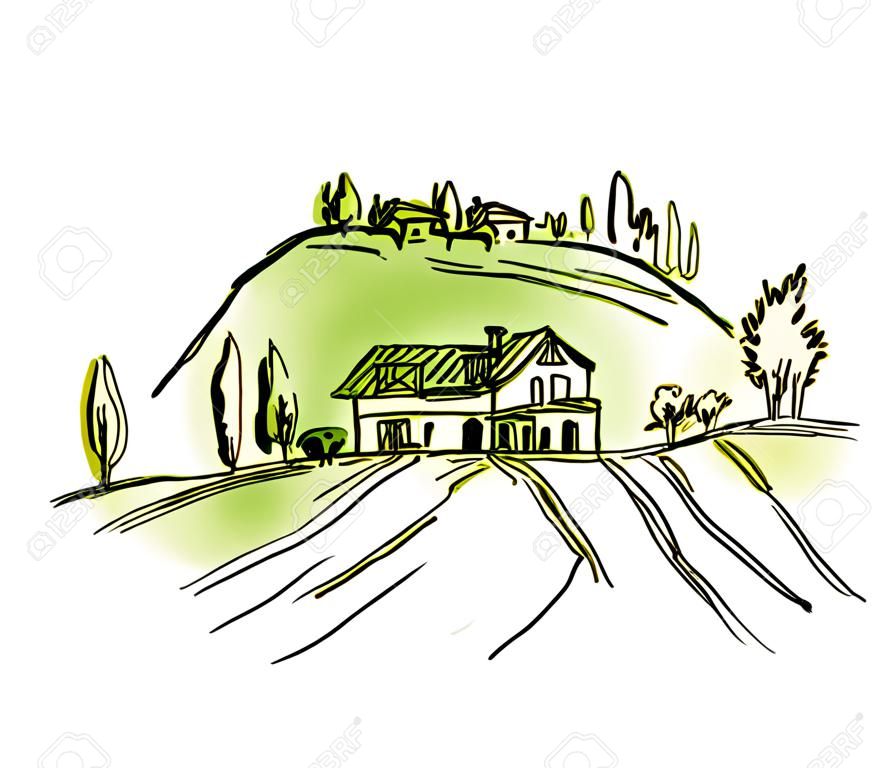 Watercolor sketch of houses and trees. Vector illustration.