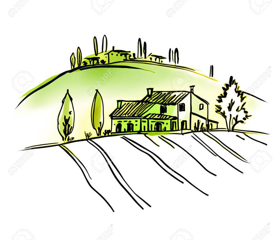 Watercolor sketch of houses and trees. Vector illustration.