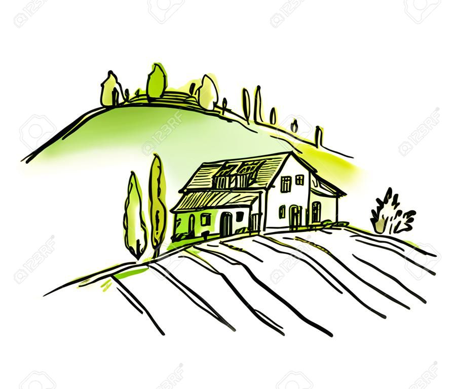 Waterverf schets van huizen en bomen. Vector illustratie.