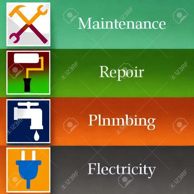 Four colorful banners with house works icons. Maintenance, repair, plumbing and electricity