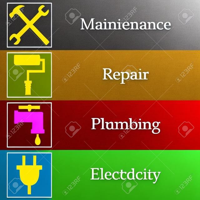 Four colorful banners with house works icons. Maintenance, repair, plumbing and electricity