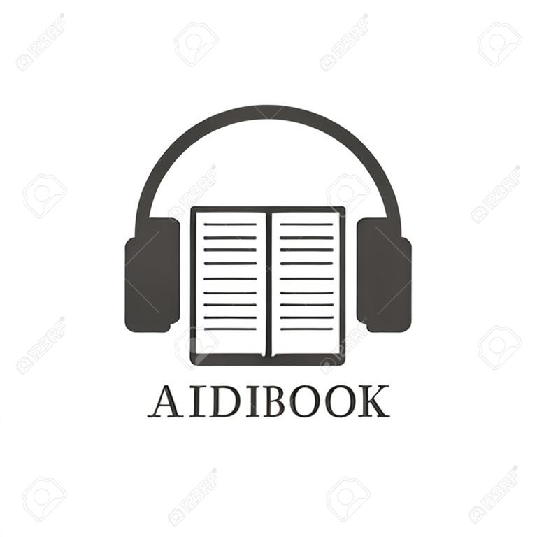 Grey audiobook icon on white background. Headphones and open book
