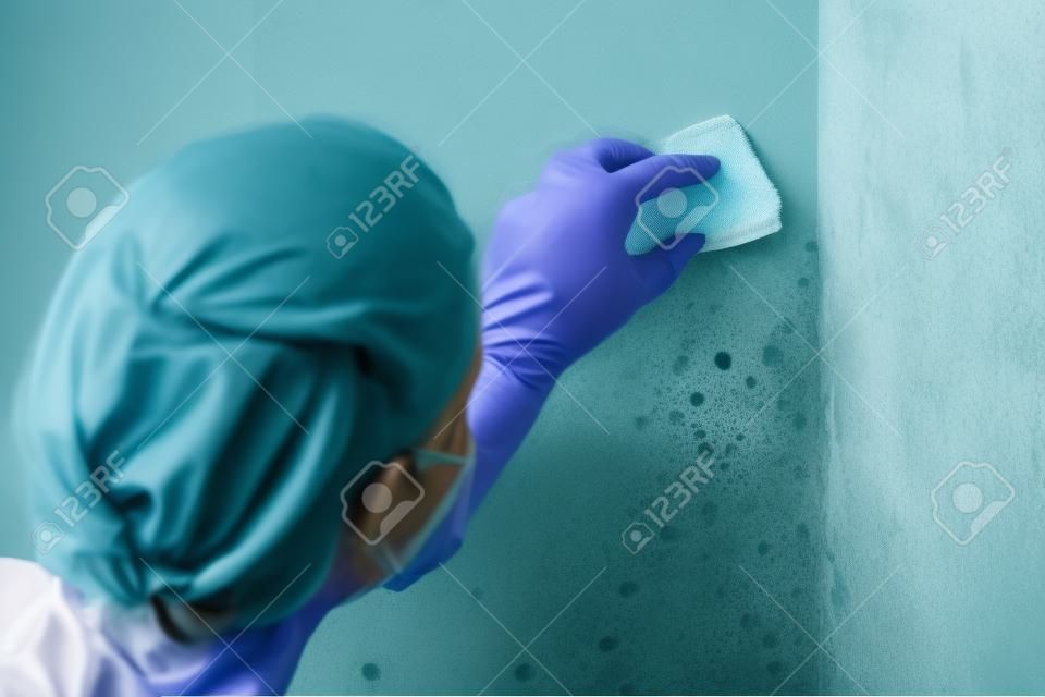 A Woman removes mold from a wall