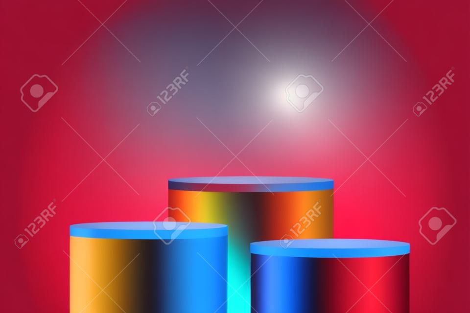 Abstract 3D room set of steps realistic red, yellow, blue color cylinder podium. Minimal wall scene for product display. Vector geometric forms. Stage for showcase. Vector EPS10
