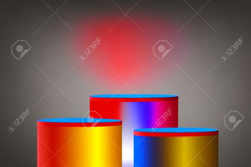 抽象的な3D部屋のステップセットで、リアルな赤、黄、青のシリンダー表彰台。製品表示のための最小限の壁のシーン。ベクター幾何学的形状。ショーケースのステージ。ベクター画像 EPS10