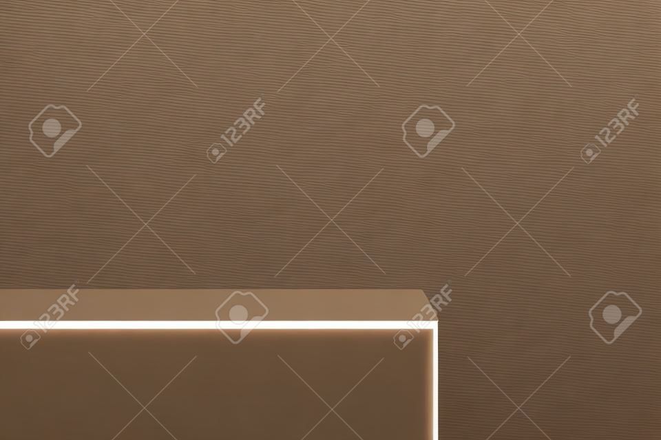 Abstrakcyjny brązowy i beżowy cokół kostki 3d z okrągłym narożnikiem, podium stoiska, oświetlenie okienne. minimalna scena ścienna do wyświetlania produktów kosmetycznych. wektor geometryczny projekt platformy renderowania.