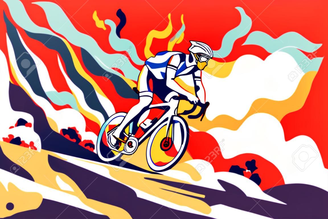 Illustrazione di un ciclista che percorre la strada di montagna dell'oceano. per il tuo disegno