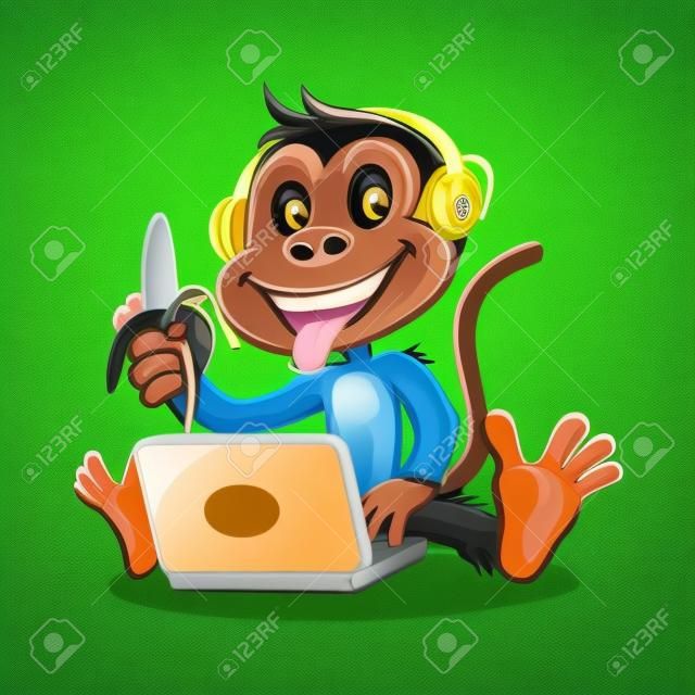 Mono de dibujos animados jugaba portátil con auriculares en su cabeza mientras sostiene un plátano que se ha pelado