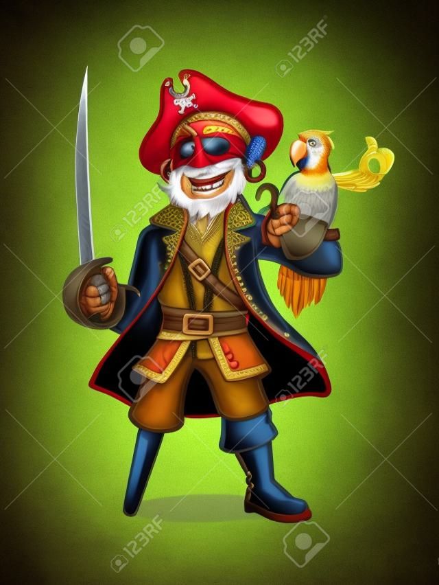 Pirate était debout tenant une épée avec un perroquet perché sur la main