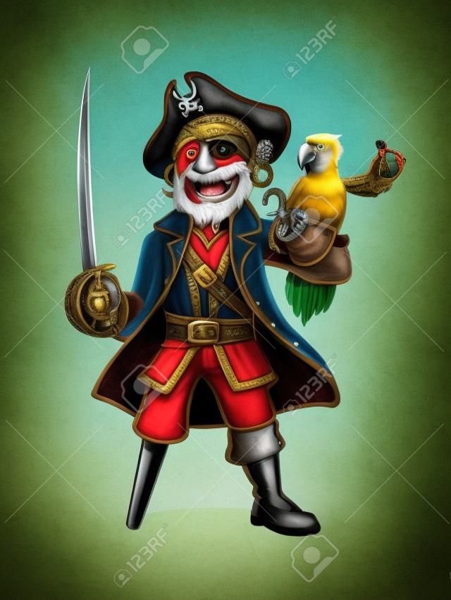 Piraat stond met een getrokken zwaard met een papegaai aan de hand