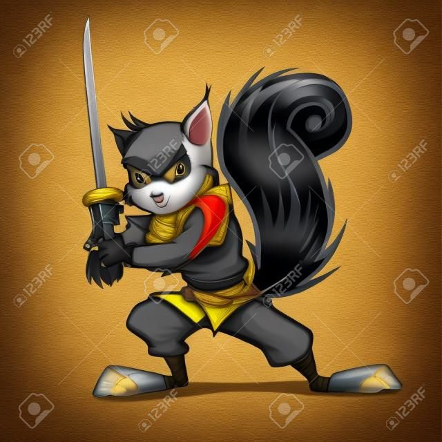 Ardilla de Ninja sosteniendo un samurai está listo para la acción