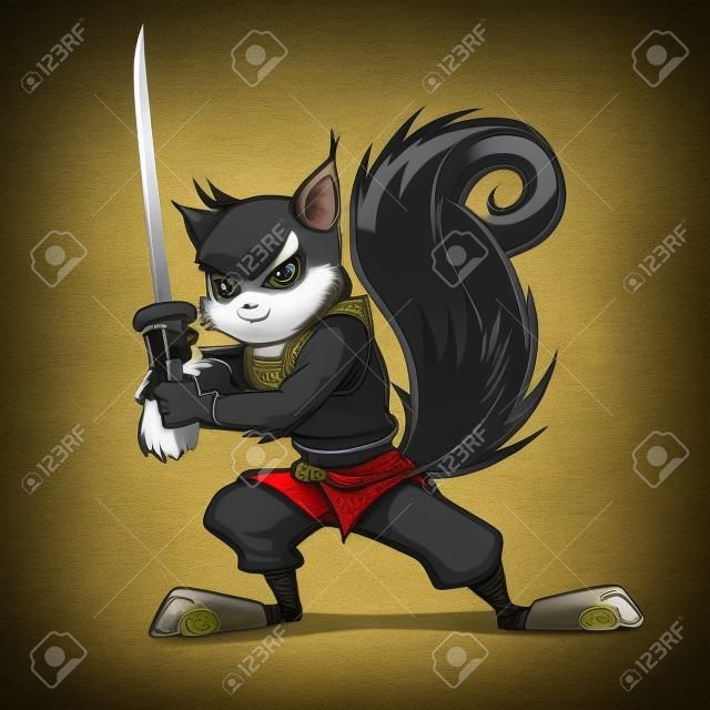 Ardilla de Ninja sosteniendo un samurai está listo para la acción