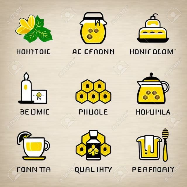 Wektor ikona liniowej z miodem i znakami produktu pszczelarskiego.