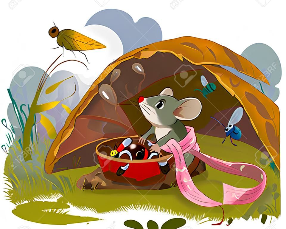 Vector resizible picture with Autumn, mouse and bugs in scarf