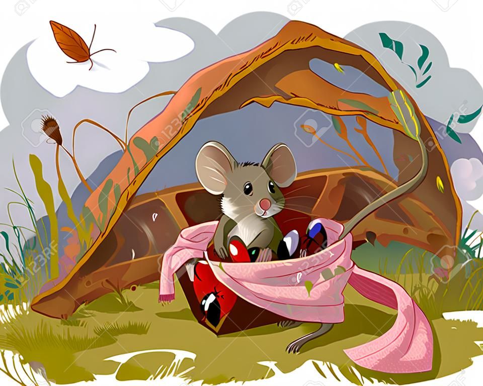 Vector resizible picture with Autumn, mouse and bugs in scarf