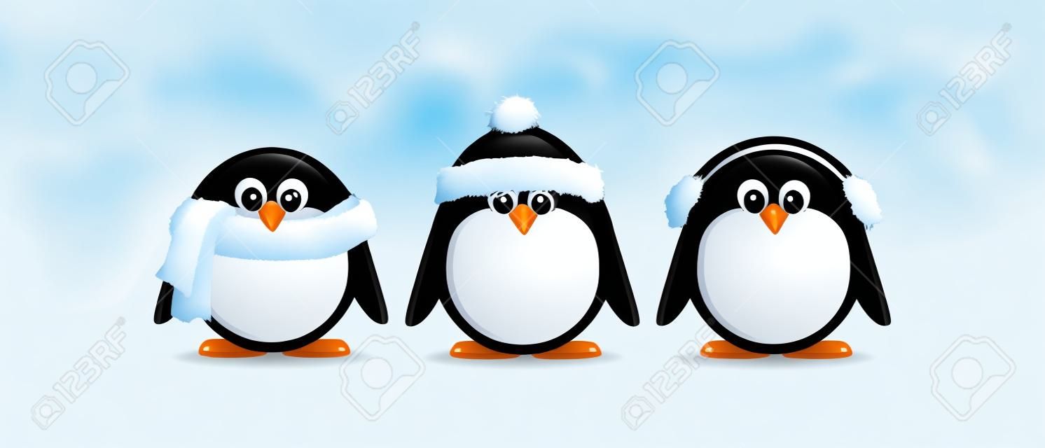 Pingwiny cartoon zimowe na biaÅ‚ym.
