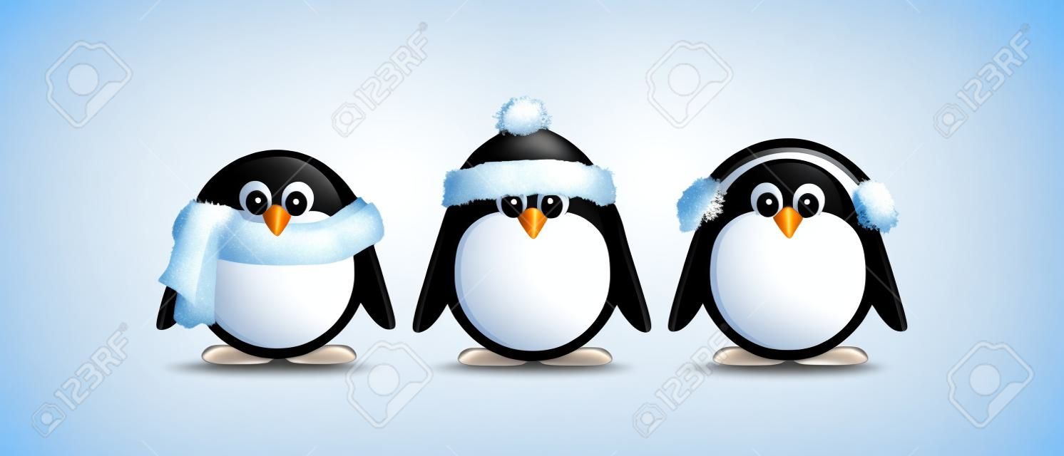 Pingüinos animados de invierno aislados en blanco.