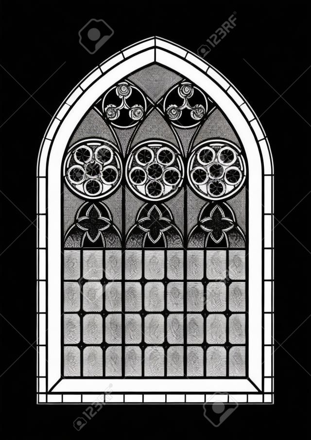A Gothic Style stained glass window in black and white. Outline drawing  colouring activity page. EPS10 vector format.