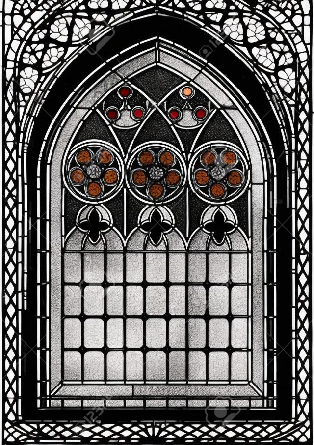 黑色和白色哥特式風格的彩色玻璃窗口。外形圖著色活動頁面。 EPS10矢量格式。