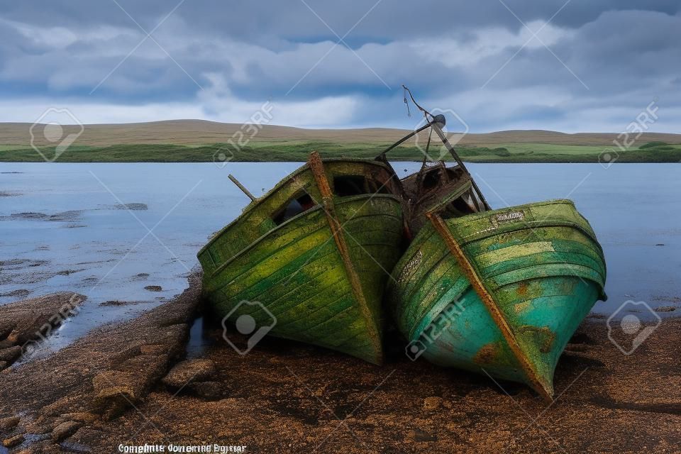 Dwa porzucone łodzie rybackie w Salen Sound, Isle of Mull, Hebrydy Wewnętrzne, Szkocja.