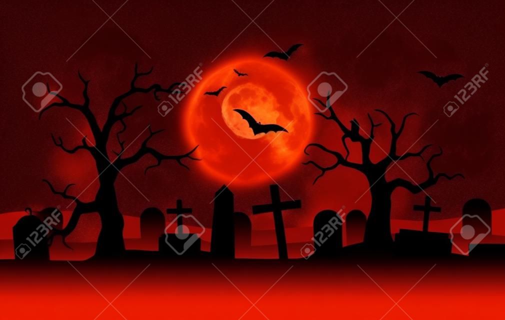 Paesaggio di halloween vettoriale con sagome di alberi spaventosi, tombe e pipistrelli volanti con sfondo arancione e luna piena