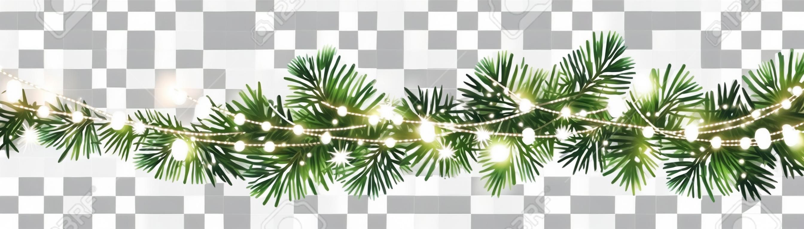 Guirlanda de Natal decorativa sem emenda do vetor com ramos coníferas e corrente de luz brilhante no fundo transparente