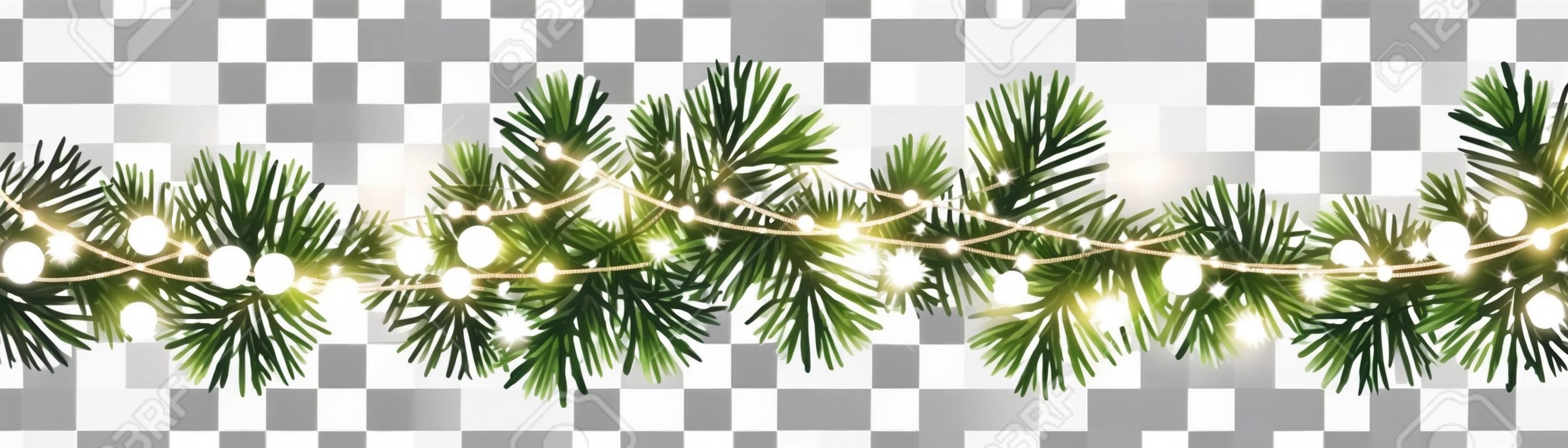 Guirlanda de Natal decorativa sem emenda do vetor com ramos coníferas e corrente de luz brilhante no fundo transparente