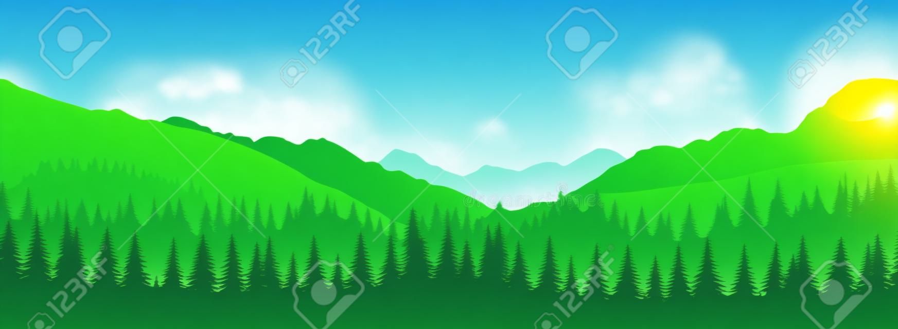 Paysage panoramique de vecteur avec des silhouettes vertes d'arbres et de collines