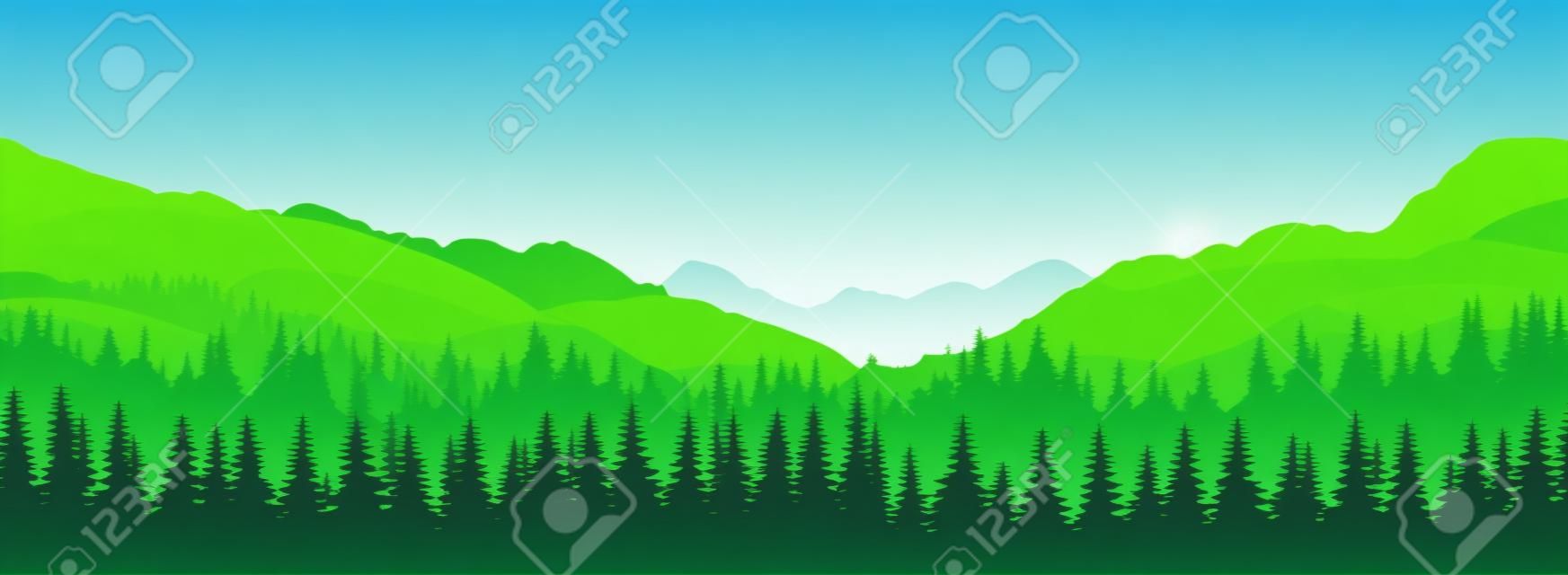 Vector panoramic landscape with green silhouettes of trees and hills
