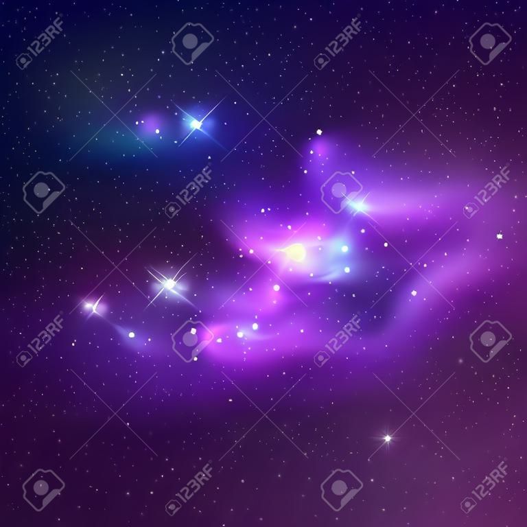 Fondo de universo brillante vectorial con nebulosas púrpuras y azules y estrellas brillantes