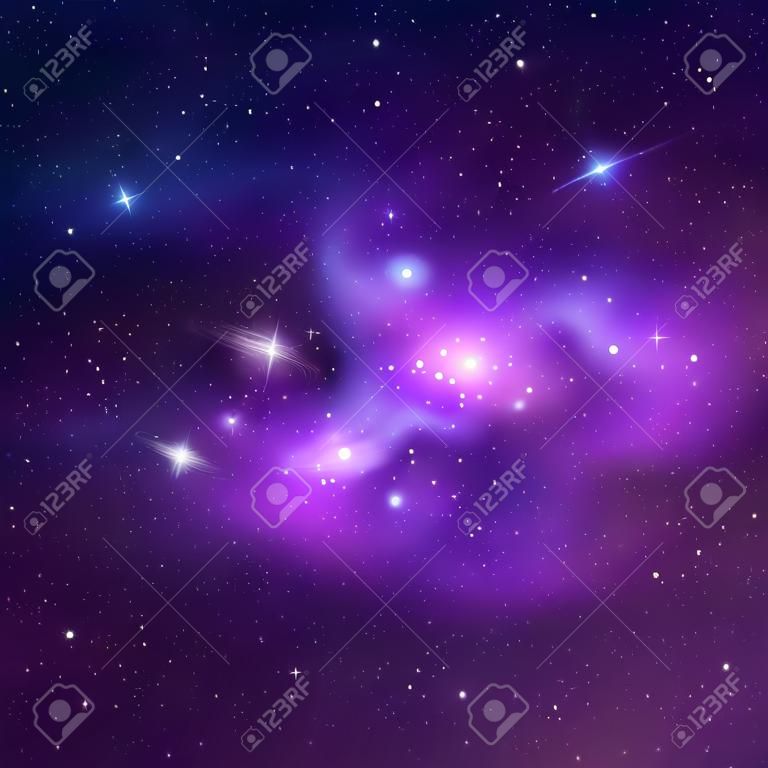 Fondo de universo brillante vectorial con nebulosas púrpuras y azules y estrellas brillantes
