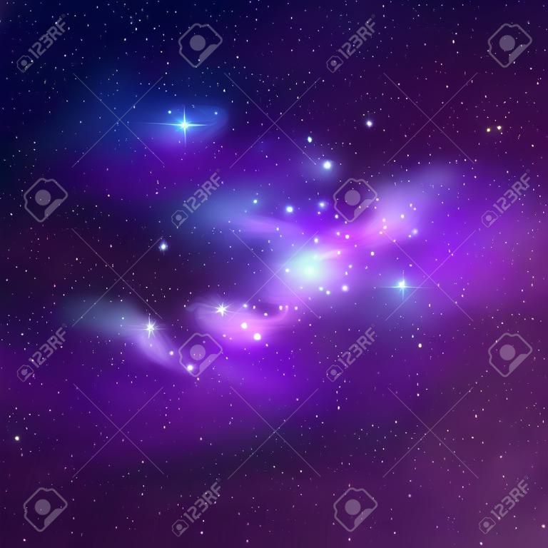Vector bright universe background with purple and blue nebulas and shiny stars