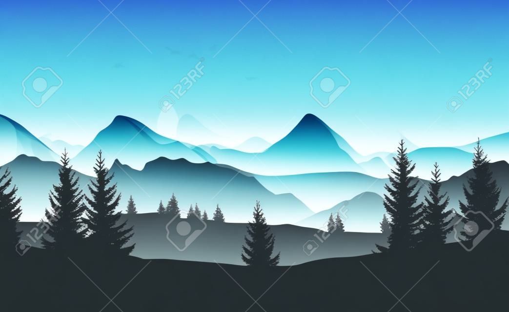 Vector landschap met silhouetten van bomen, heuvels en mistige bergen en ochtend of avond lucht