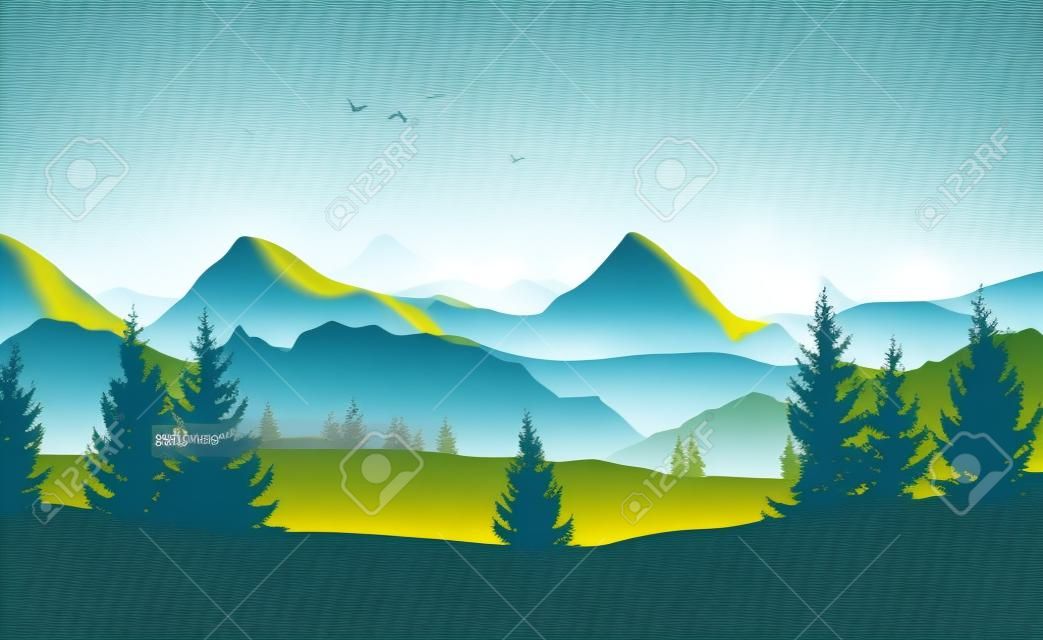 나무, 언덕, 안개 낀 산과 아침 또는 저녁 하늘의 실루엣이 있는 벡터 풍경
