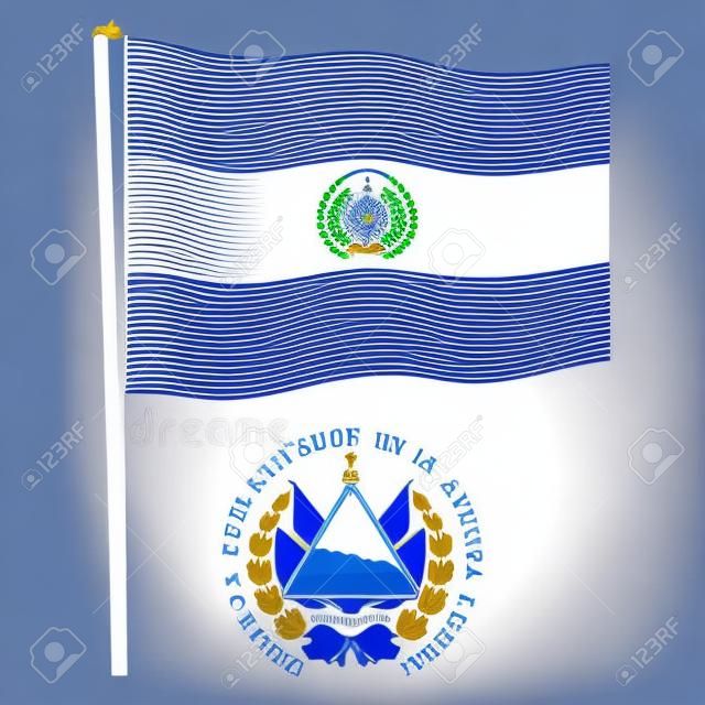 El Salvador ondulado bandera y el escudo contra el fondo blanco, ilustración de arte vectorial, la imagen contiene transparencias