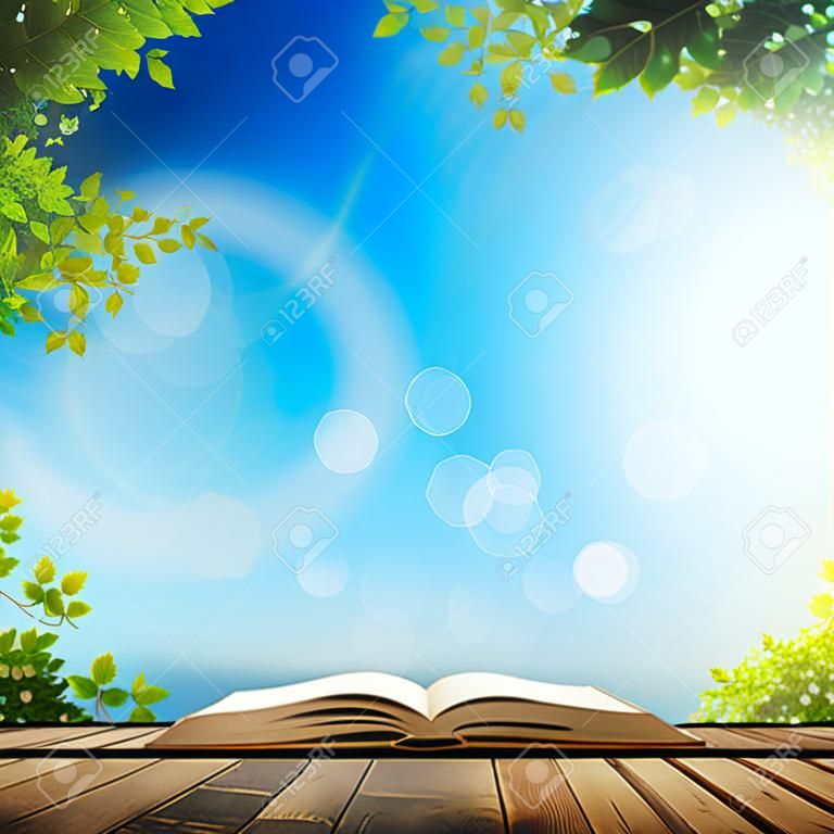 Open book on wood planks over sky with leaves background