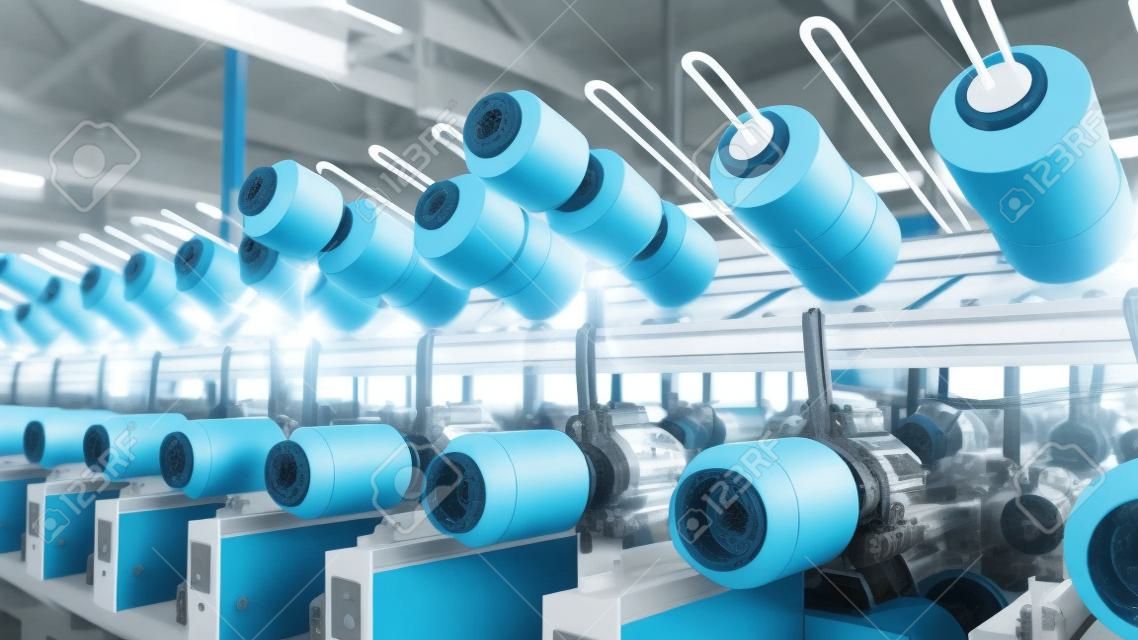 紗線製造自動化機器的行。現代紡織總廠。紡織製造合成纖維。