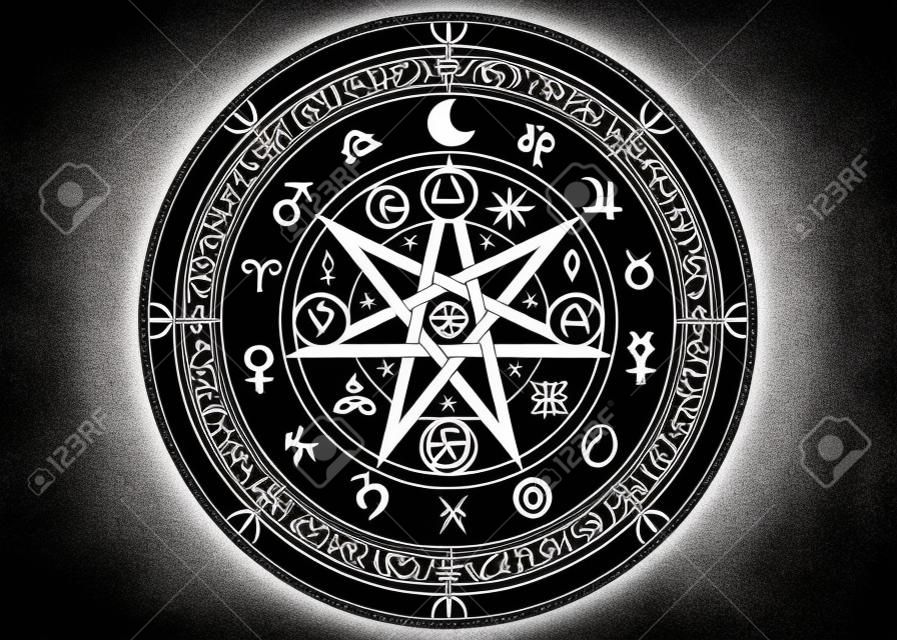 Wiccan symbool van bescherming. Set Mandala Witches runes, Mystic Wicca waarzeggerij. Oude occulte symbolen, Aarde Zodiac Wiel van het Jaar Wicca Astrologische tekens, vector geïsoleerde of zwarte achtergrond