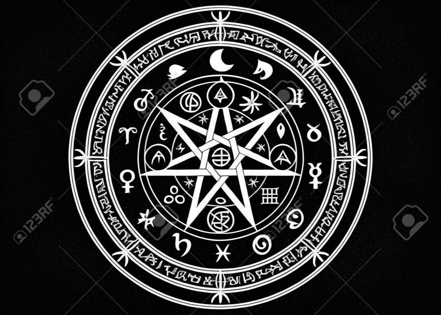 Símbolo de protección wicca. Conjunto de runas Mandala Witches, adivinación Mystic Wicca. Antiguos símbolos ocultos, Tierra Zodíaco Rueda del año Signos astrológicos Wicca, vector aislado o fondo negro