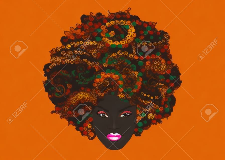巻き毛アフロ髪、肖像画アフリカの女性、民族巻き毛の暗い肌の女性の顔、漫画のスタイル