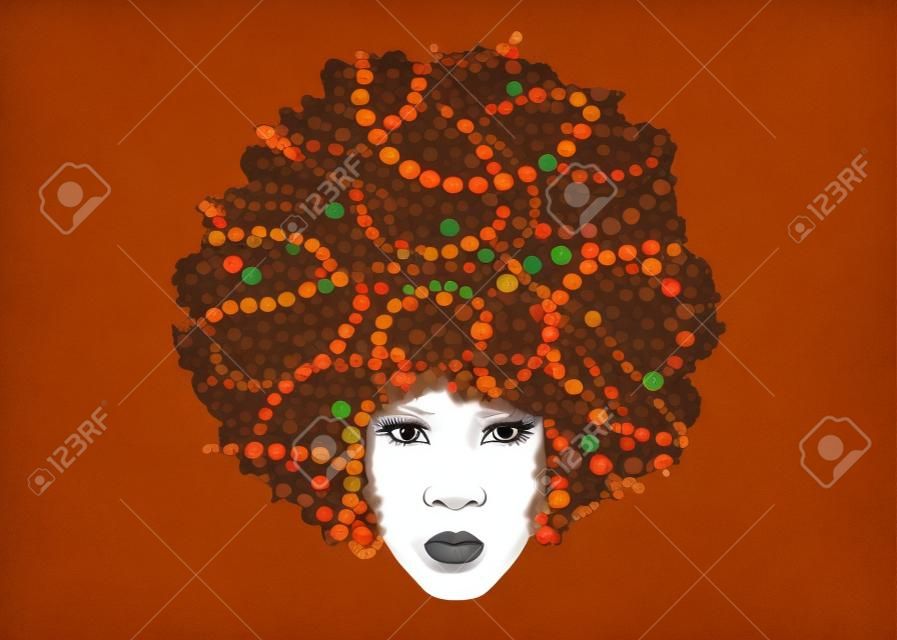 kręcone włosy afro, portret afrykańskiej kobiety, ciemna skóra kobiecej twarzy z etnicznymi kręconymi włosami, styl kreskówki
