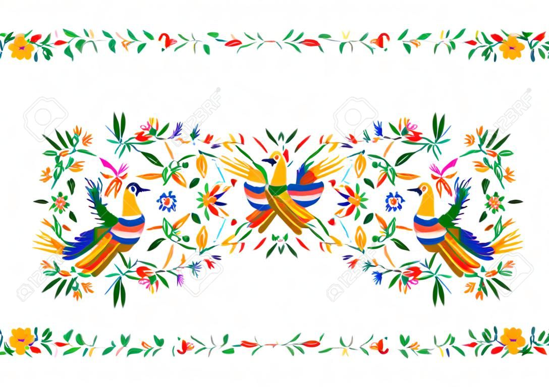 Mexicaanse traditionele textiel borduurstijl uit Tenango City, Hidalgo, Mexico. Floral Compositie Template met vogels, Peacock, kleurrijke naadloze frame geïsoleerde samenstelling of witte achtergrond