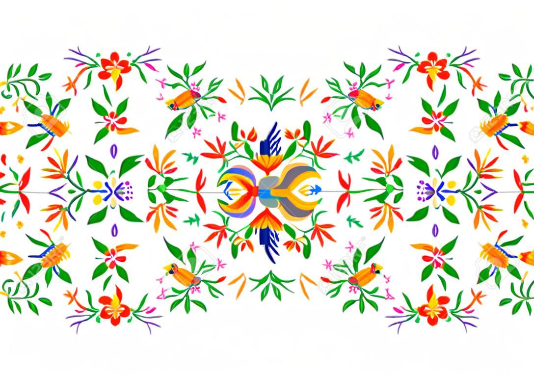 Mexican Traditional Textile Embroidery Style from Tenango City, Hidalgo, Mexico. Floral Composition Template with Birds, Peacock, colorful seamless frame isolated composition or white background