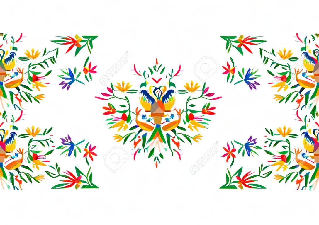 Mexican Traditional Textile Embroidery Style from Tenango City, Hidalgo, Mexico. Floral Composition Template with Birds, Peacock, colorful seamless frame isolated composition or white background